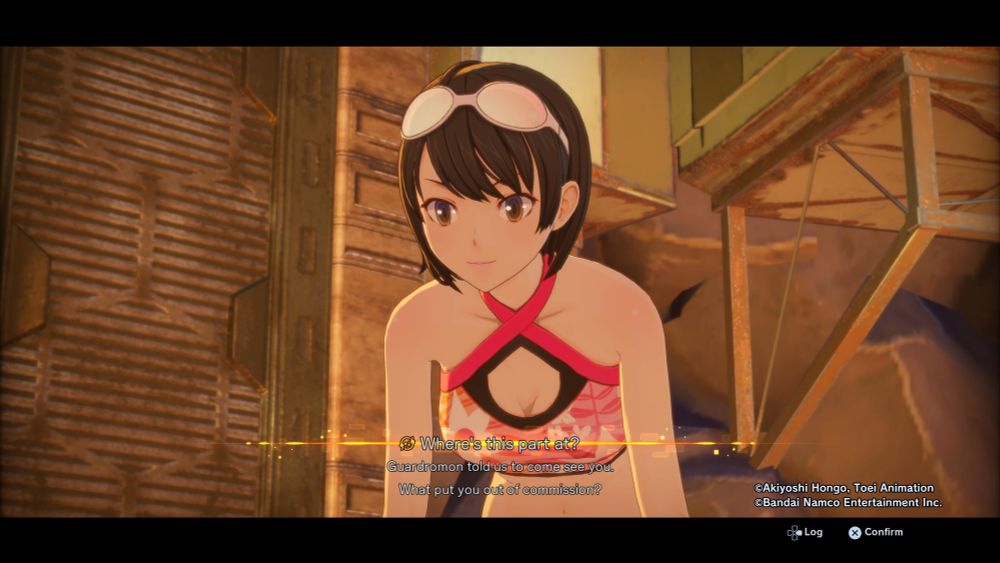 My character, wearing the swimsuit costume, bending over to talk to a Digimon who's laying prone on the ground. You can see her cleavage in this swimsuit anyway but you can see it even more when she's posed like this lol