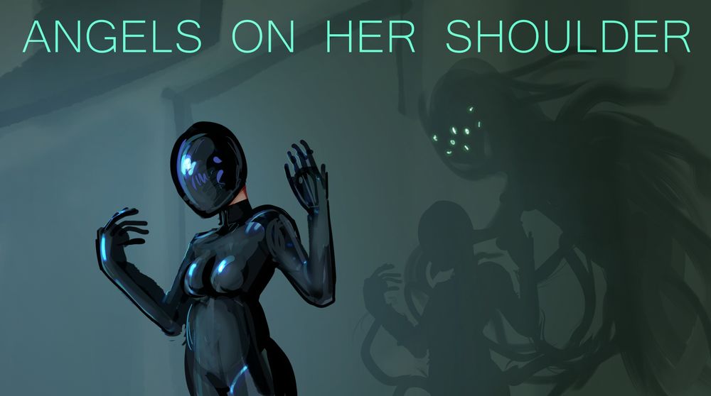 The cover art for Angels on Her Shoulder, featuring a drone with a featureless face. Her shadow behind her also includes the shadow of an otherwise invisible Affini wrapping her vines around the drone.
