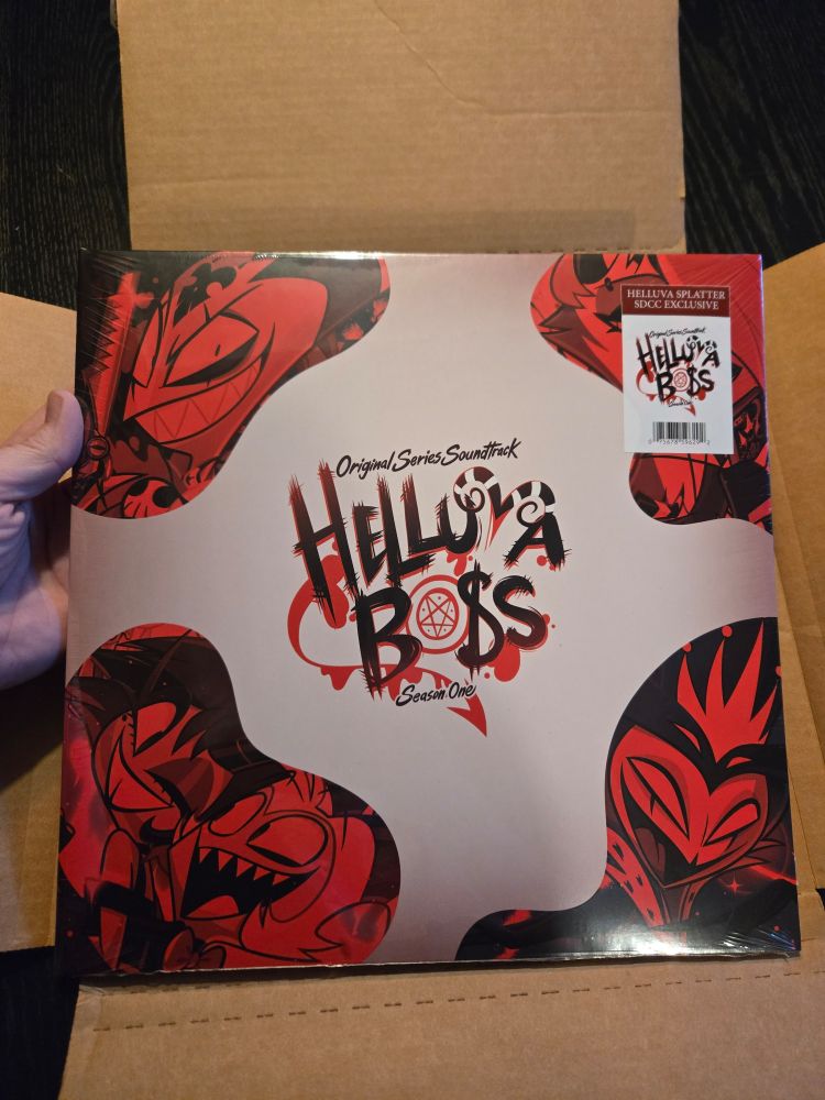 The front cover of the Helluva Boss Season 1 soundtrack vinyl (Helluva Splatter SDCC Exclusive version) before I removed the plastic wrap