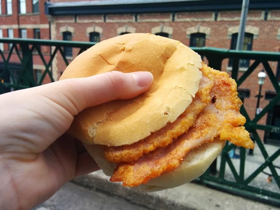 A photo of a peameal bacon sandwich