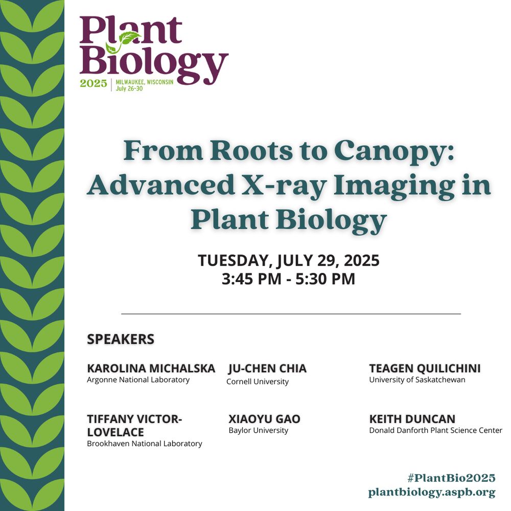 Image Text: From Roots to Canopy: Advanced X-ray Imaging in Plant Biology. Tuesday, July 29, 2025. 3:45 PM - 5:30 PM. Karolina Michalska, Tiffany Victor- Lovelace, Ju-Chen Chia, Xiaoyu Gao, Teagen Quilichini, and Keith Duncan. Argonne National Laboratory | Brookhaven National Laboratory | Cornell University | Baylor University | University of Saskatchewan | Donald Danforth Plant Science Center.