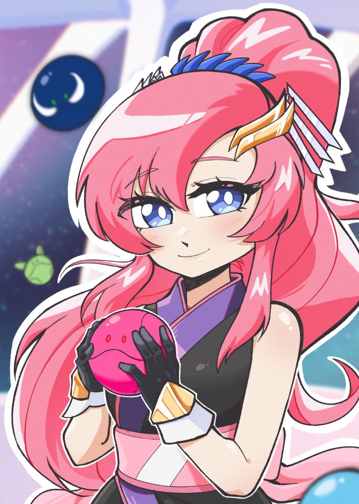 a drawing of Lacus clyne from Gundam SEED Freeodm holding a pink harrow while some other various haros' float around. 