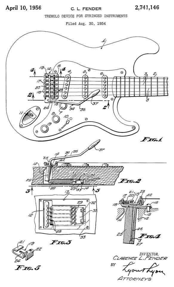This image shows the patent drawing for the “Fender Tremolo Device for Stringed Instruments,” filed by C. L. Fender on August 30, 1954, and granted on April 10, 1956 (U.S. Patent 2,741,146)

This patent details the innovative tremolo system, also known as a "whammy bar," which allows guitarists to temporarily change the pitch of the strings. 

The design featured a floating bridge device that moved with the strings during tremolo operation without friction, and allowed for adjustments to string length, elevation, and lateral position. 
The handle of the tremolo arm was designed to pivot about an axis substantially perpendicular to the guitar body, allowing for ease of use while playing. 

This device was a significant advancement in guitar technology, offering greater control over sound and enabling a wider range of musical expression. 
