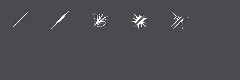 the sprite sheet for the effect. it starts with a simple slash, and kinda "explodes" as its bulk crosses the center line, with some follow through.

its only 5 frames of actual art, with 7 frames of nothing just for looping nicely