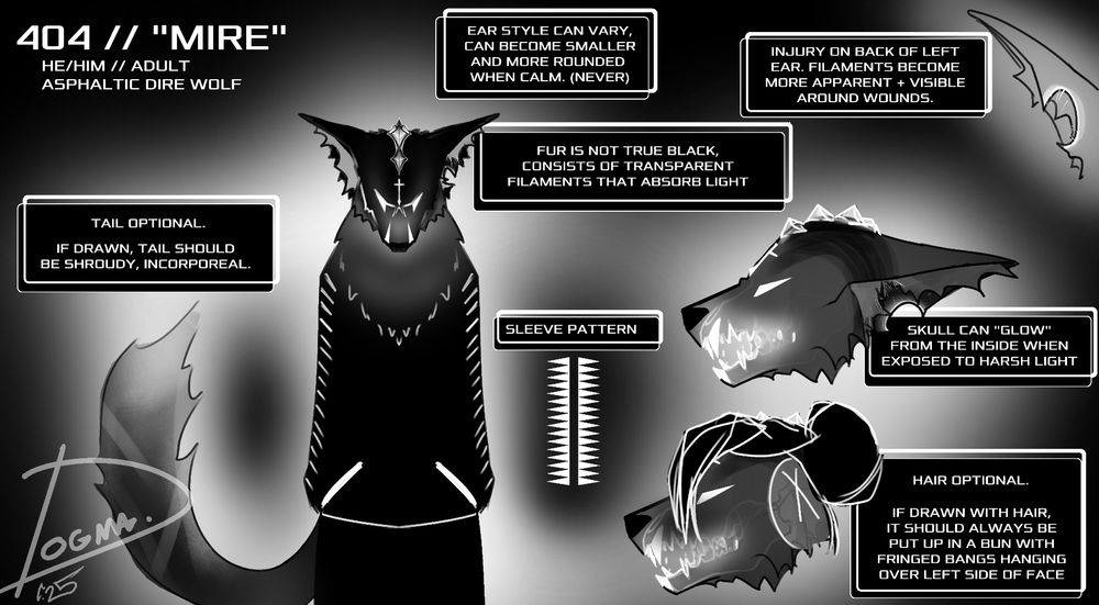 ref sheet of a dire wolf anthro. he is completely monochrome. he has longer ears than normal, and has a glowing cross face marking. you can see his skull from inside his head if the lighting is right, and his left ear has an injury that glows white at the edges of the scar tissue.