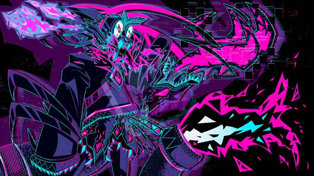 INTERNETWYRM as a Burnish from Promare. It's wearing oversized black clothing that's adorned in highly detailed cuffs and straps. It's wearing goggles and a mask that resembles a snarling monster face, with its left hand being glitchy, monstrously clawed, and hot pink with fire. Many details on the clothing evoke images of roaring dragons, scales, hot pink eyes, and cyan teeth.