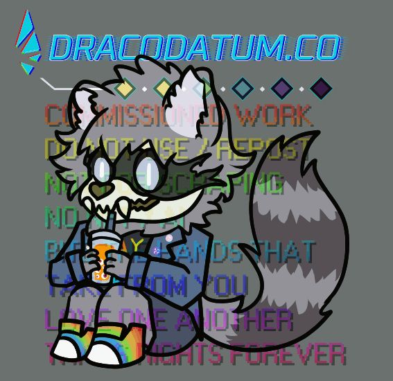An anthro raccoon with a skull face blinks and holds a drink in both hands while sitting.