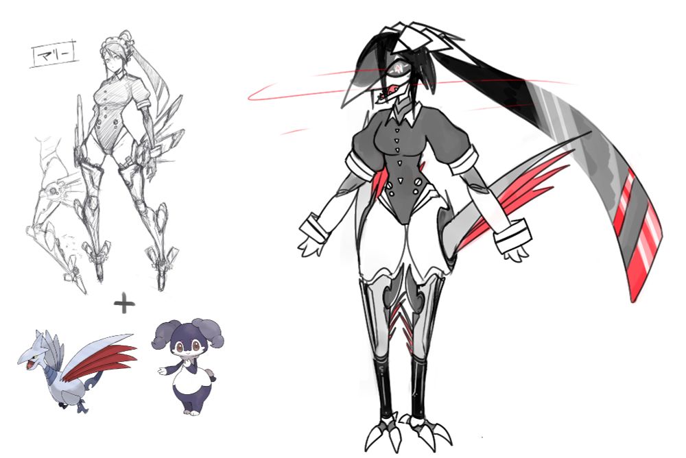 Marie from HEART GEAR as a Pokefusion of Skarmory and Indeedee. Her maid dress is gone, revealing her modded legs as Skarmory wing blades. Her mouth is open and she is giving a frightening expression.
