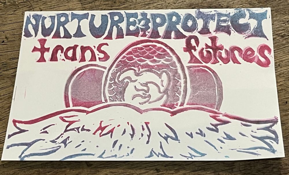 A block print of three eggs in a nest. In the center egg is a curled up baby dragon. Text above it reads “nurture and protect trans futures”. 