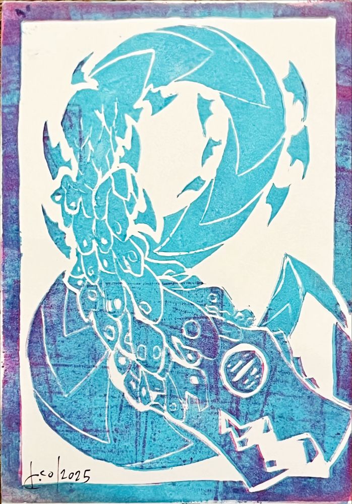 a multicolored block print of a winding serpent with multiple heads and wings. its body curls into the shape of an ampersand.
