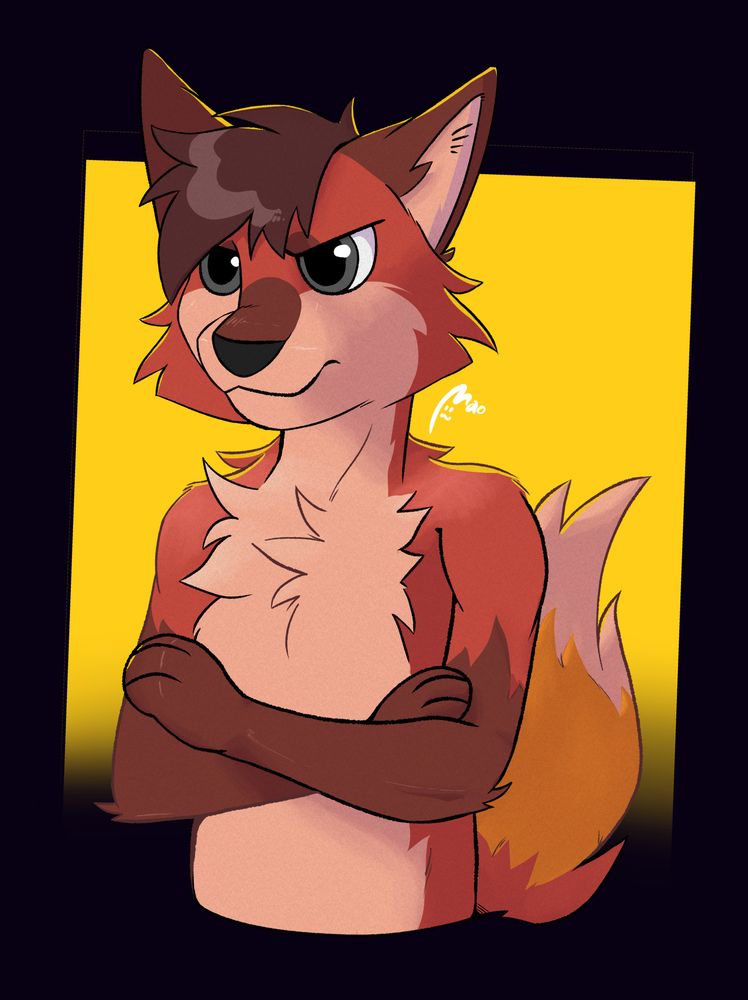 a grumpy looking anthropomorphic red and brown fox 