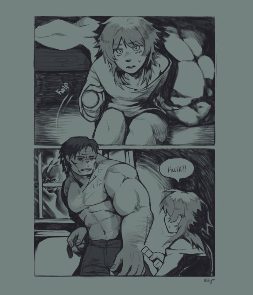 Two panel comic of my OC Angel flashing a light at Hulk!