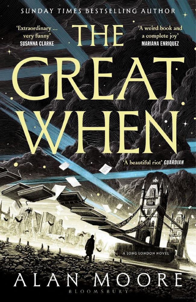 Book over of The Great When by Alan Moore which depicts a collapsing fantastical version of Tower Bridge in London.