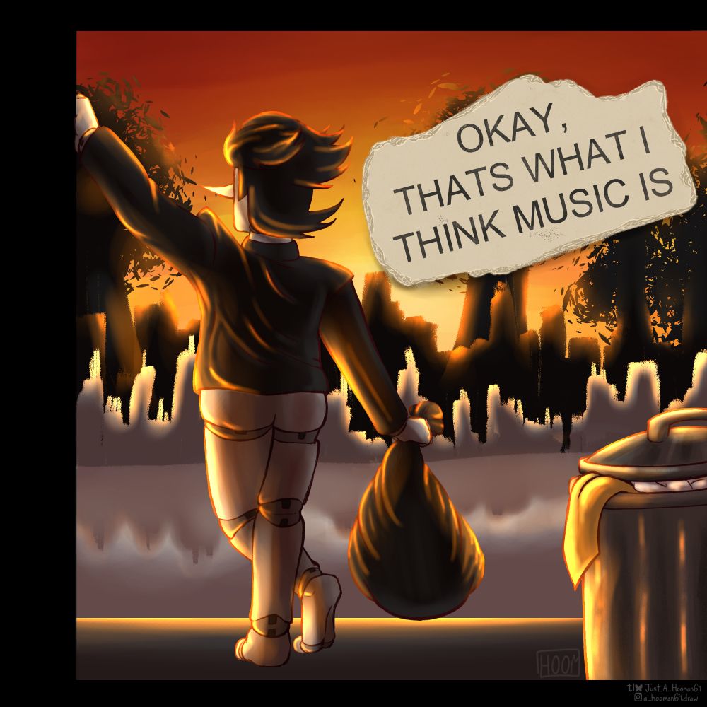 Redraw of the cover for Spamton's "Okay thats what I think music is" music CD. Hes facing a bright sunset across an un-detailed cityscape, leaning on a black border on the left of the frame with his arm. His left leg is crossed infront of his right and hes holding a filled trash bag in his right hand. In the bottom right corner is a trashcan with a yellow tie drooping out of it. In the top right quarter of the frame is a piece of ripped paper with "OKAY, THATS WHAT I THINK MUSIC IS" written in the Arial typeface at a slanted angle.