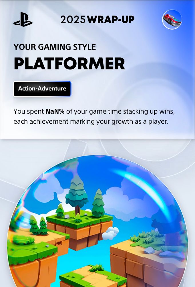 Your gaming style:
Platformer
(Action-Adventure)

You spent NaN% of your game time stacking up wins, each achievement marking your growth as a player.

[image of floating platforms in the sky, with pine trees growing on them]