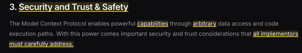 Screenshot of the Security and Trust & Safety section.

I point your attention to the text "With this power comes important security and trust considerations that" -- followed by the text that I highlighted, saying "all implementors must carefully address."