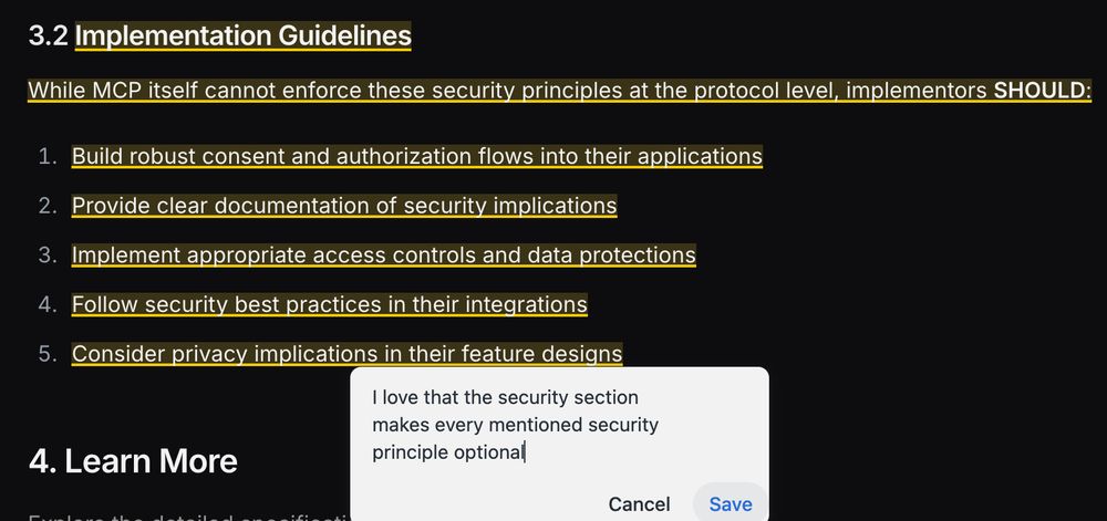 The section 3.2 Implementation Guidelines (implementation of Security and Trust & Safety!) lists 5 "security principles". All are highlighted in yellow.

All 5 are listed after saying "implementers SHOULD"...

There is a callout window below with my comment, "I love that the security section makes every mentioned security principle optional"