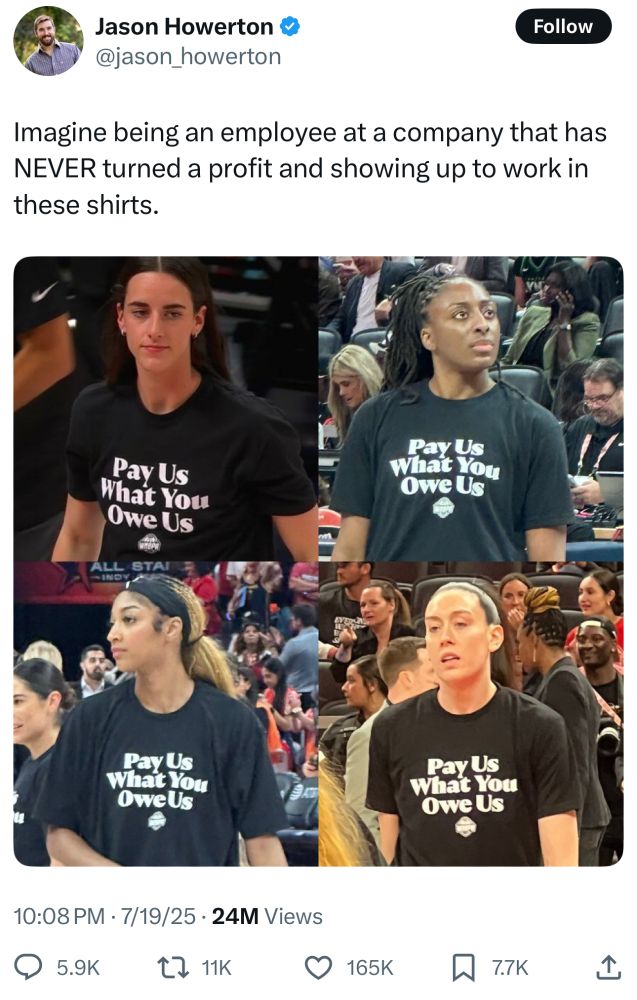 A Comment: "Imagine being an employee at a company that has NEVER turned a profit and showing up to work in these shirts." on a picture of WNBA players wearing shirts that say “PAY US WHAT YOU OWE US”