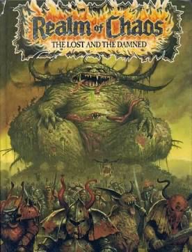 The cover image of 80s Warhammer rulebook Realm of Chaos: The Lost And The Damned. A horde of plague mutants and daemons are in the foreground, while a mountainous Great Unclean One is in the background, a bloated parody of the human form with various mouths, wounds spilling guts, etc in its flesh, and horns emerging crown like from the squat head on top