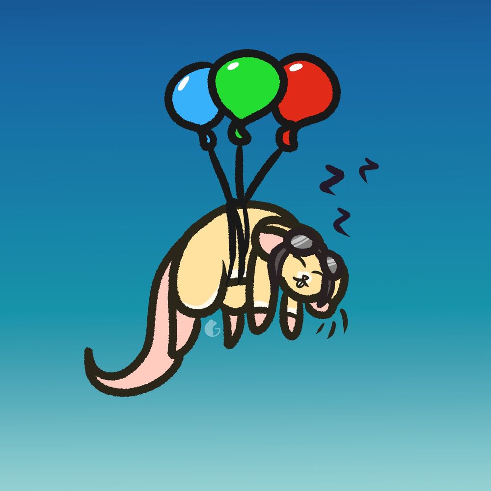 A little beige rat called Star, sleeping while his balloons carry him away