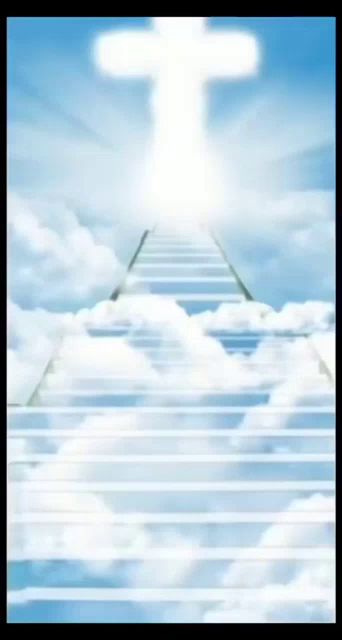 a stairway leading up to a cross in the sky