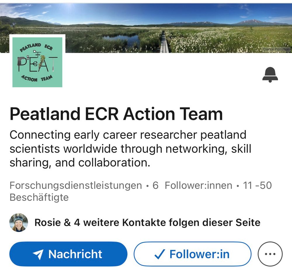 Picture of a LinkedIn profile page of the Peatland ECR Action Team, featuring a panorama view of an open wetland with cotton grass and low sedge vegetation, as well as a boardwalk leading through. A mountain range is seen in the far background. 
