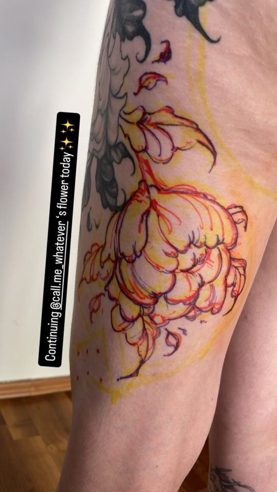 Freehand sketched tattoo stencil on leg