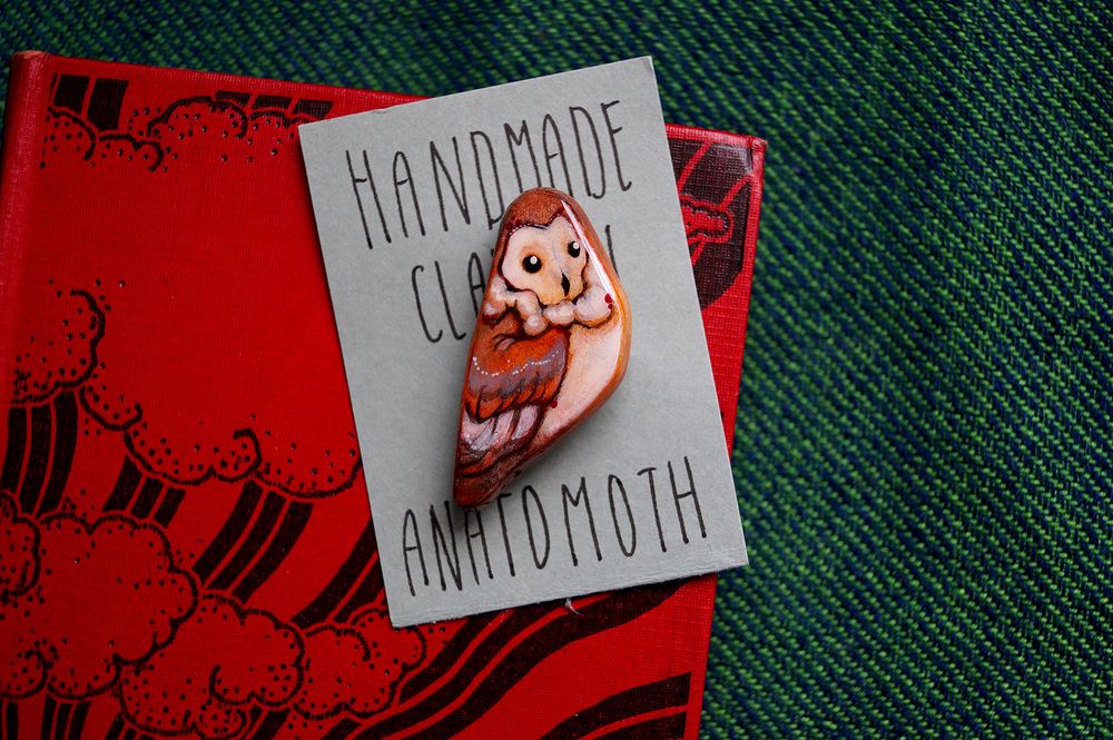 Surreal barn owl handmade clay brooch