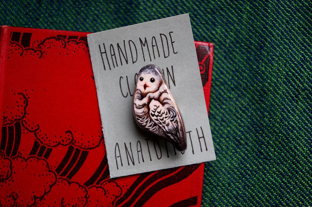 surreal dark snow owl clay brooch