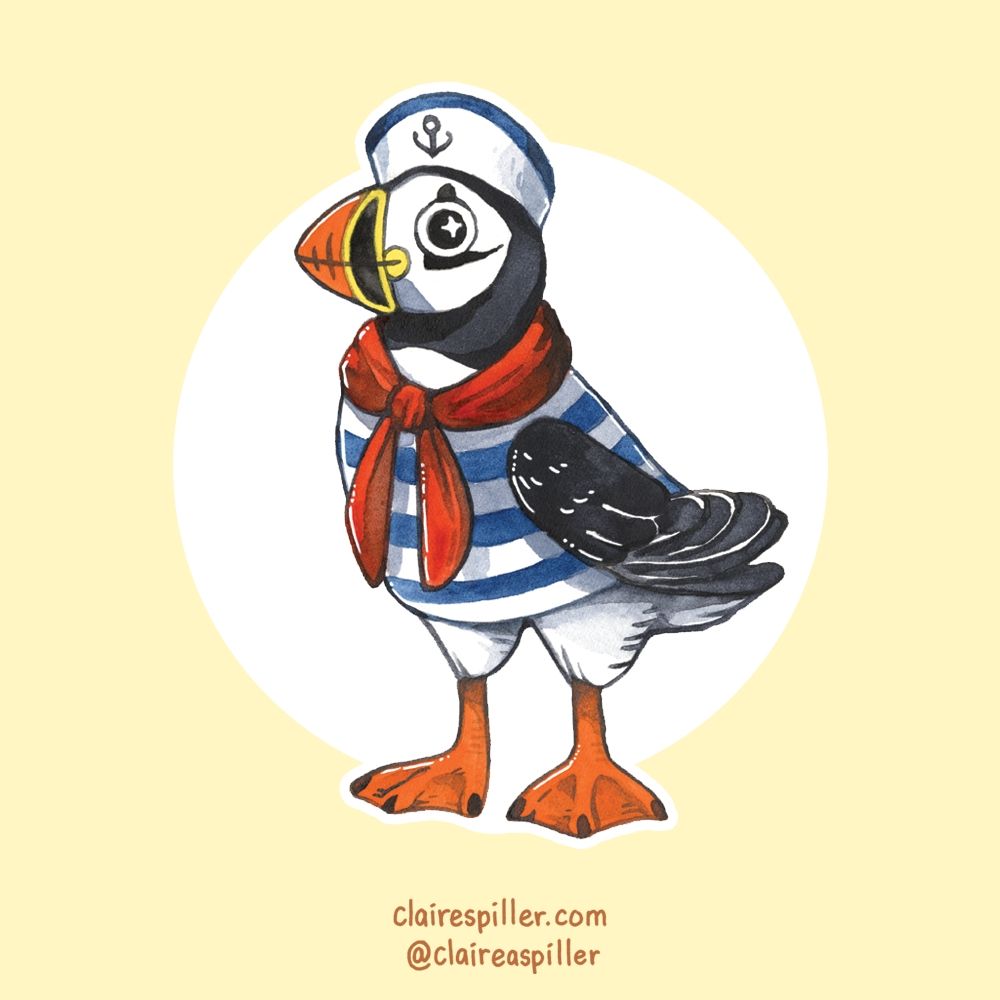 An Atlantic puffin dressed in a classic blue-and-white striped sailor's outfit 