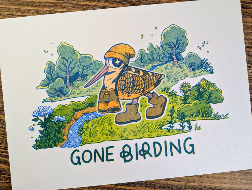 American woodcock going birdwatching riso print
