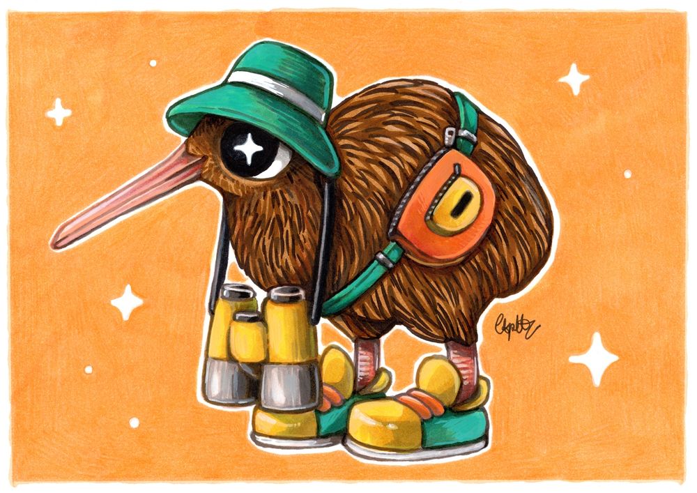 Kiwi going birding illustration 