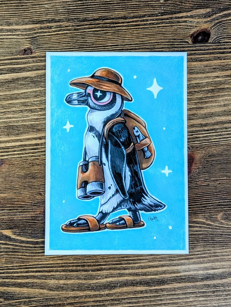 African penguin going birdwatching illustration 
