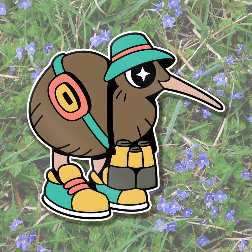 Kiwi going birding enamel pin design 