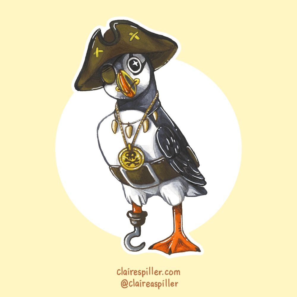 An Atlantic puffin in a pirate costume, complete with hat, dubloon necklace and peg leg