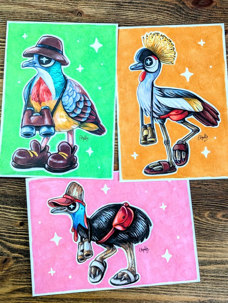Bleeding-heart dove, grey crowned crane and cassowary going birdwatching illustrations