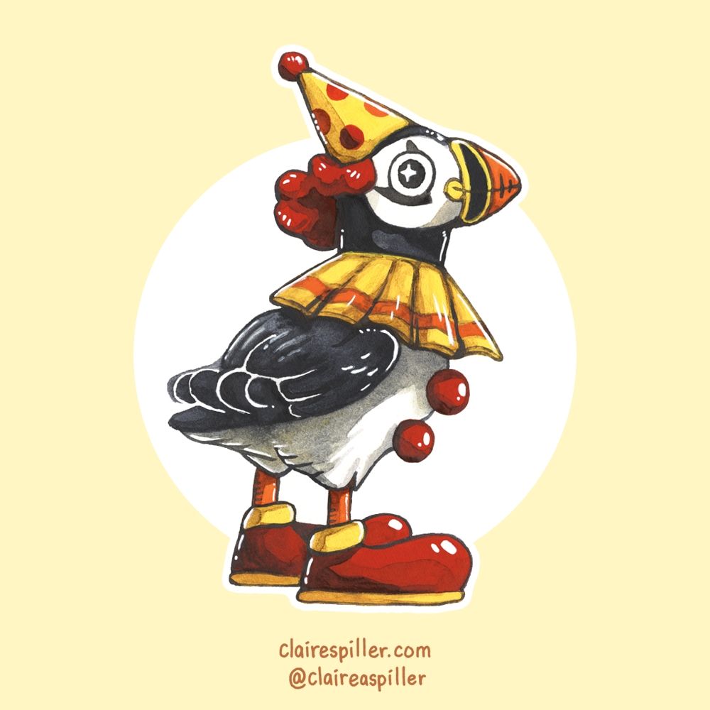 An Atlantic Puffin in a red and yellow clown costume