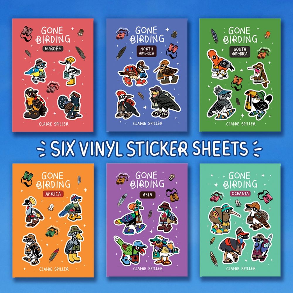 Gone Birding (birds going birdwatching) vinyl sticker sheets