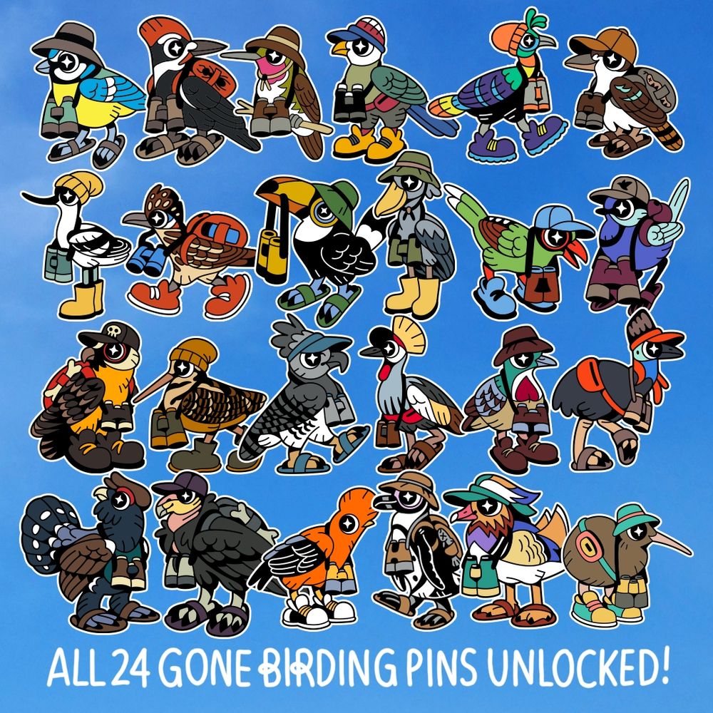 Gone Birding (birds going birdwatching) enamel pin designs