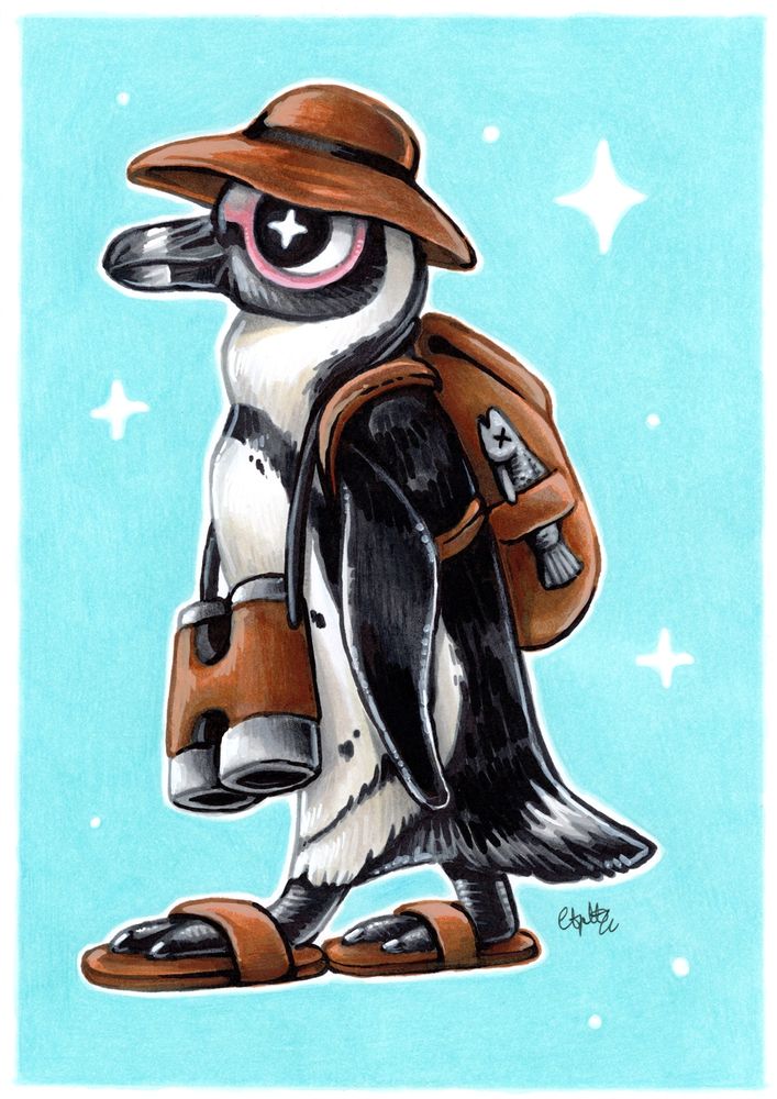 African penguin going bird watching illustration 🎨