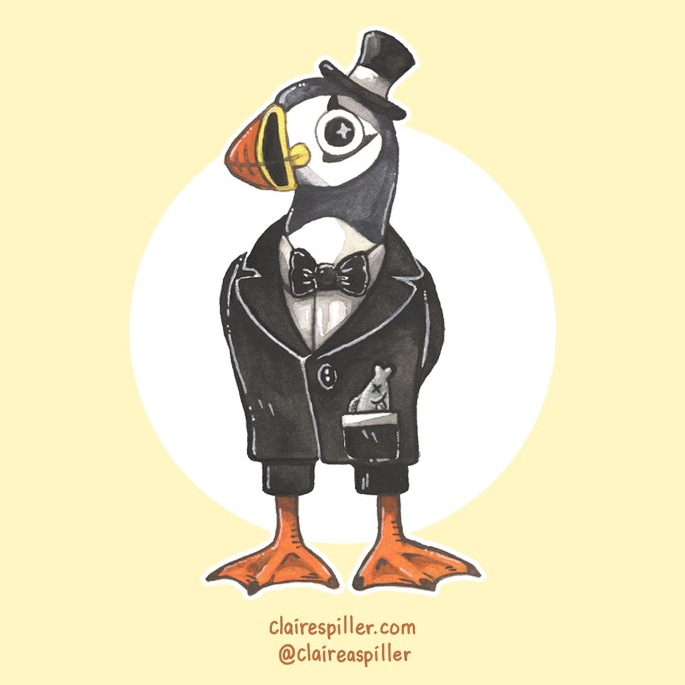 An Atlantic puffin in a tuxedo and tiny top hat