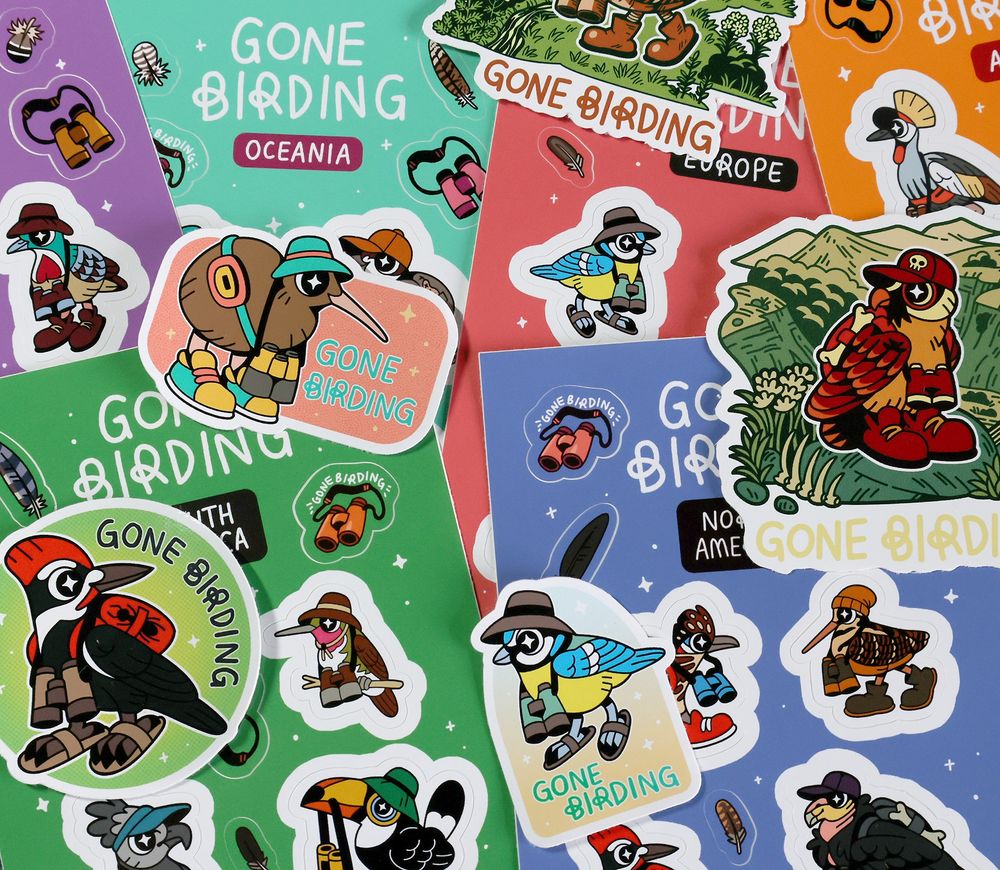 A whole bunch of assorted colourful bird stickers including bearded vulture, kiwi, pileated woodpecker and blue tit.