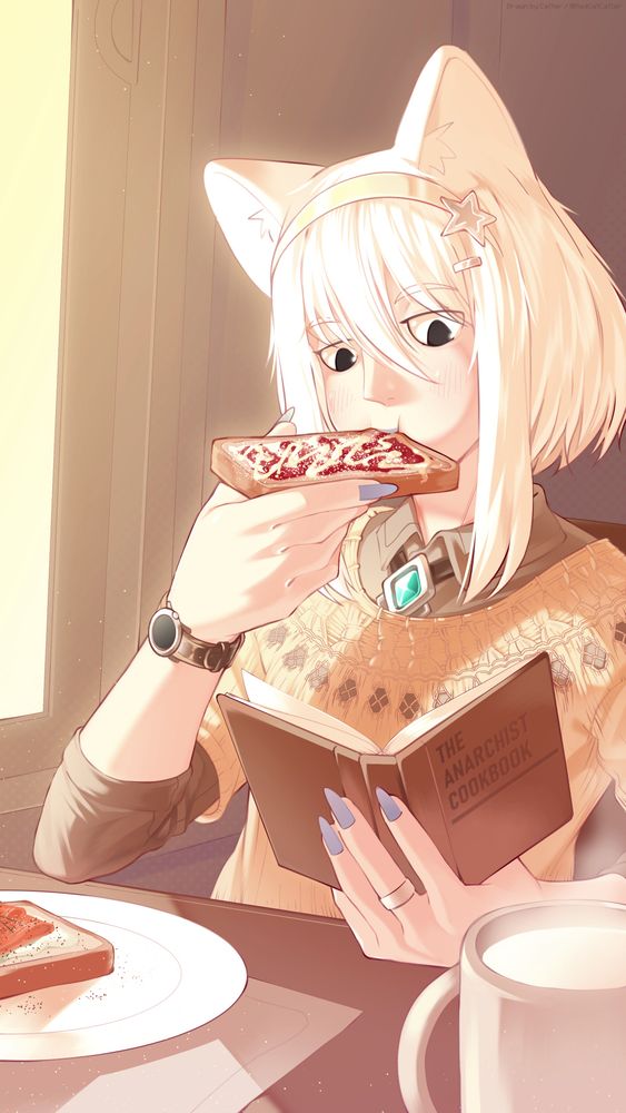 Digital art of a white-haired catgirl wearing a beige sweater, star hairpin, and headband, casually reading a book while eating bread with jam. Another slice with smoked salmon and cream cheese sits on a plate. A mug of steaming milk is in the foreground. Bright early morning light streams through the window. She wears a watch and has lavender-painted nails. Cozy, calm drawing.