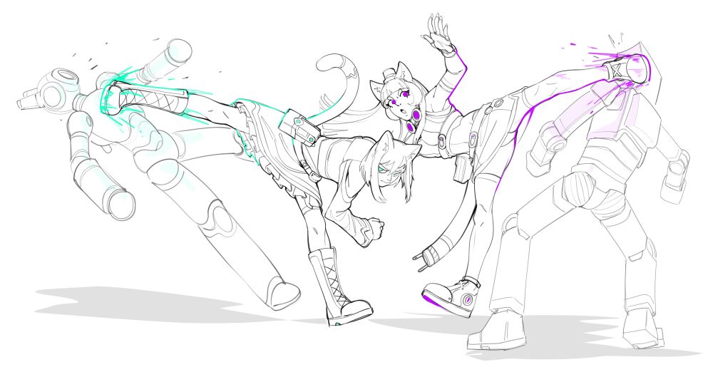 a digital art drawing sketch of two catgirls in a dynamic pose kicking two robots
