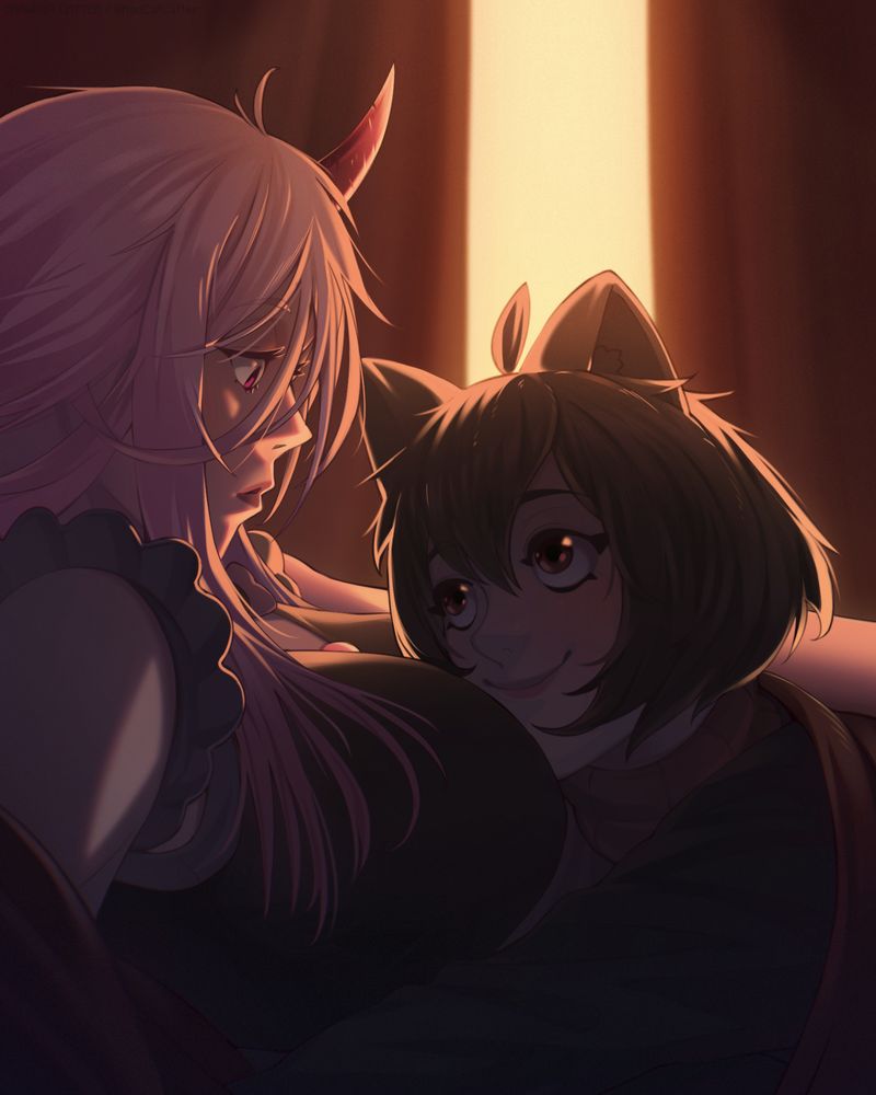 Digital art of Nyra, a brown-haired catgirl, cuddling closely with Miriel, a pink-haired maid with one pink horn. The two girls are wrapped in a blanket, softly lit by warm sunset lighting through a curtain. Rim light highlights their faces and hair. A quiet, intimate moment between lesbian lovers. Art Fight 2025 drawing with a soft lesbian yuri vibe.
