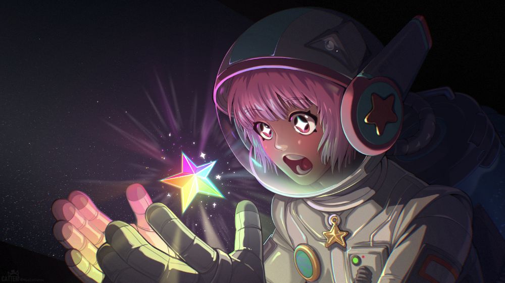 Digital art drawing of a pink-haired girl astronaut in a blue, pink, white and golden spacesuit, with stars in her eyes, looking in awe at a glowing rainbow star floating in front of her. The background is deep space, filled with subtle stars. The scene is shining and vibrant, part of an Art Fight collab event 2025. The star illuminates her face and gloves with rainbow light.