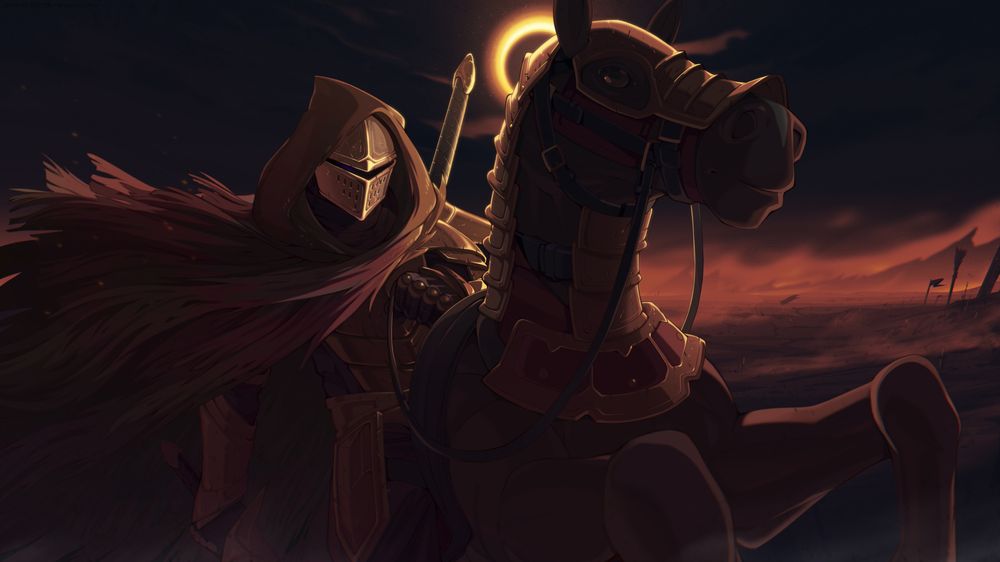 Digital art of Sutto, a knight character in bronze armor with a tattered cloak, riding a horse across a scorched desert battlefield. A solar eclipse looms overhead, evoking Dark Souls 3 and Elden Ring aesthetics. Sword on back and holding a sword in the right hand, holding onto the reigns the horse has its hind legs raised, dramatic lighting, fantasy drawing.