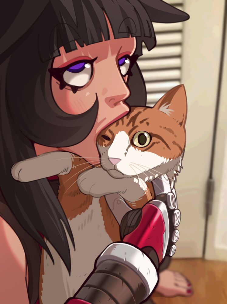 drawing/artwork of a catgirl with a robotic arm pretends to bite an orange and white cat's head while holding it close. The cat looks slightly annoyed or uncomfortable, squinting one eye and pulling its head back