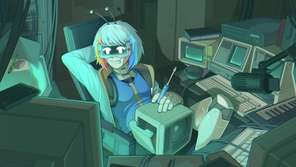 Digital art of A robot girl with short, multicolored hair and antennae is relaxing in a tech-filled room. She has a screen for eyes displaying cheerful symbols and is sitting back in a chair with her feet on the desk. Surrounded by old computers, monitors, and PC equipment, she holds a small vintage screen in one robotic hand and a screwdriver in the other. Various wires, keyboards, and screens clutter the room, giving it a retro-futuristic, technology-heavy atmosphere. She's watching a screen while appearing laid-back.