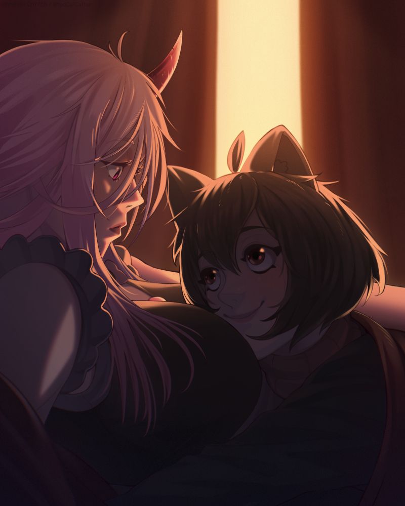 Digital art of Nyra, a brown-haired catgirl, cuddling closely with Miriel, a pink-haired maid with one pink horn. The two girls are wrapped in a blanket, softly lit by warm sunset lighting through a curtain. Rim light highlights their faces and hair. A quiet, intimate moment between lesbian lovers. Art Fight 2025 drawing with a soft lesbian yuri vibe.